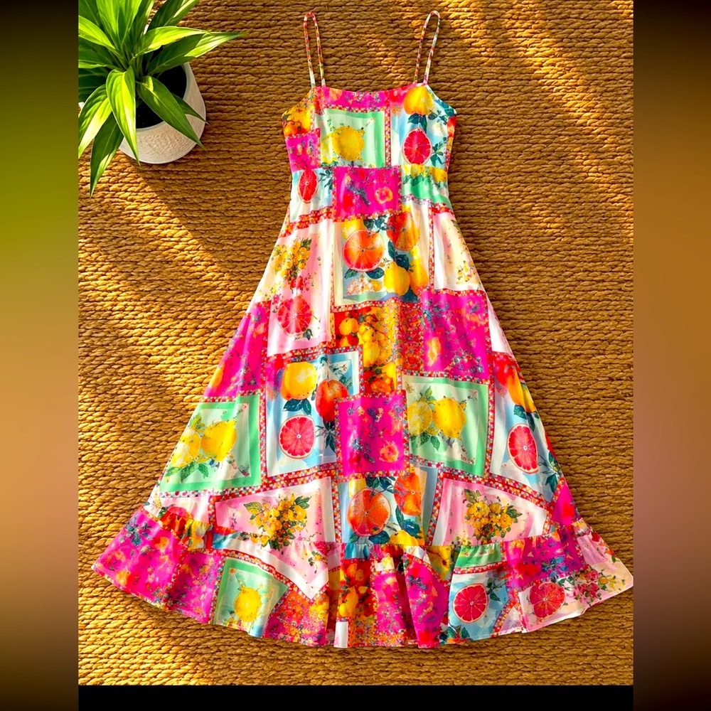 ASTR Paper Heart Midi Dress XS bright fruit Lemons Berries Patchwork Austrian Co - Picture 10 of 11